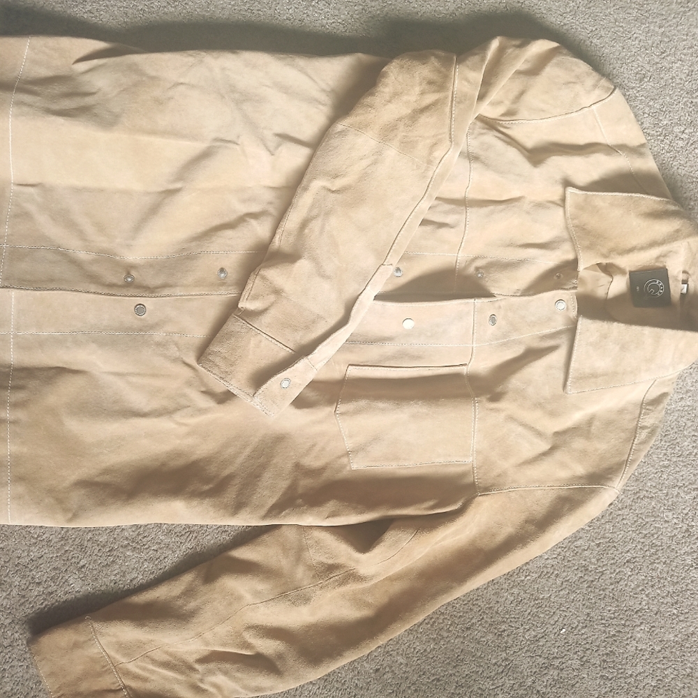 Brand Q Italian Tan Leather Suede Collar Front Snap-Buttons Jacket Mens Sz S